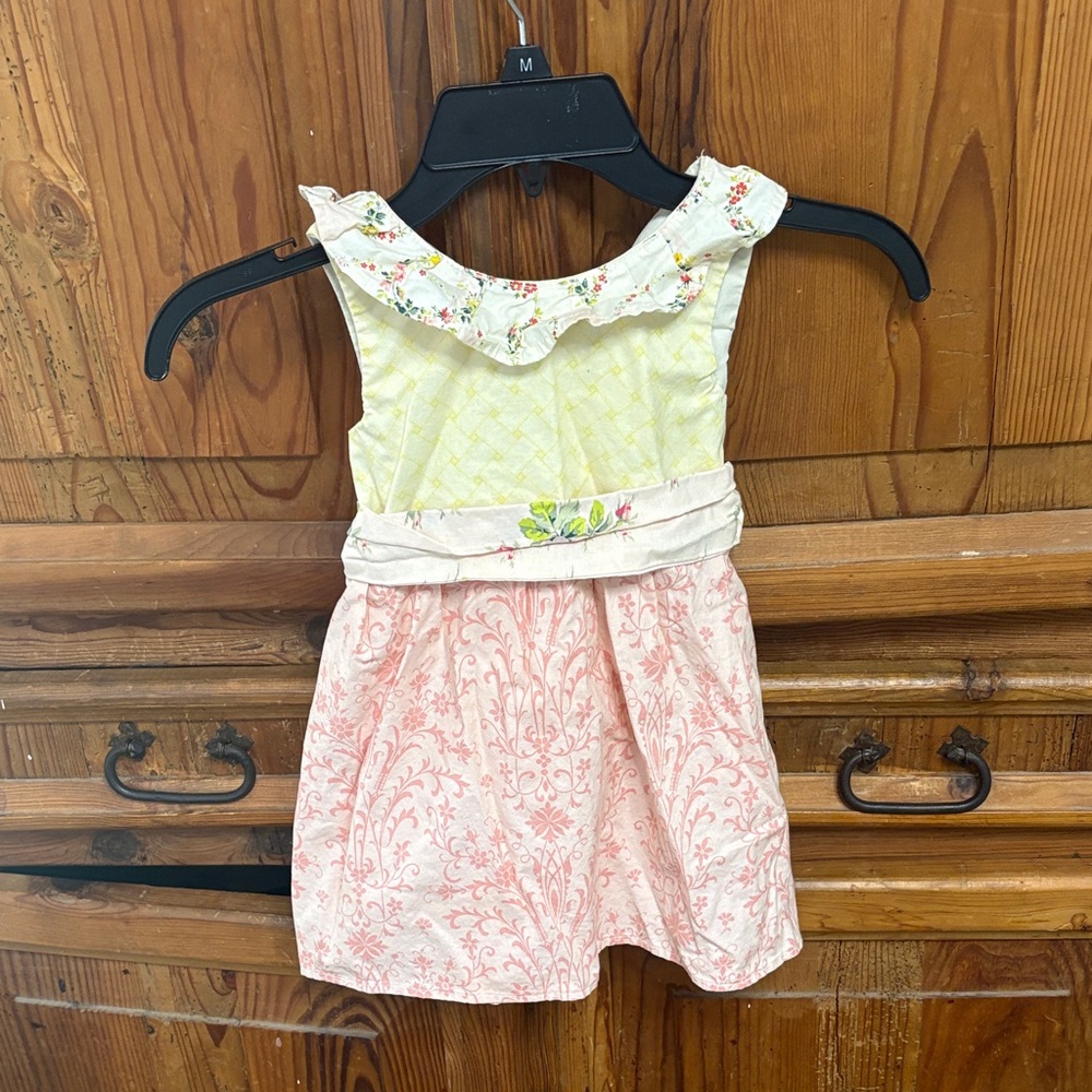 Girls Sleeveless Floral Ruffle Dress in Yellow & Pink
